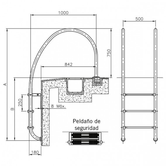 Escalera de radio variable para rebosadero dimensiones